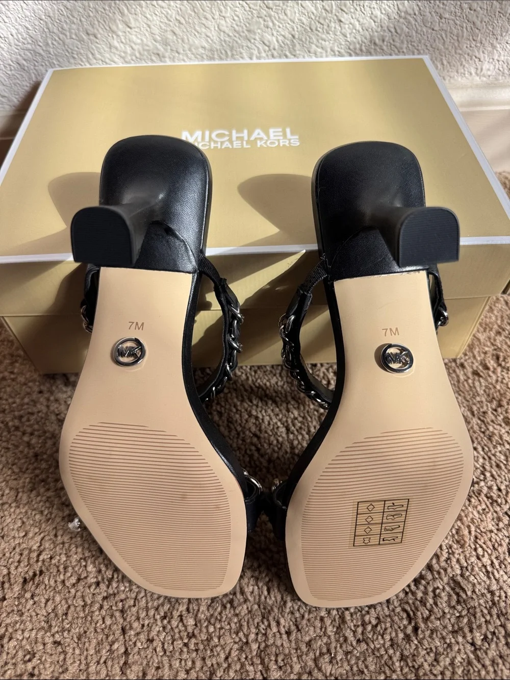 Women size 7 Michael Kors Black Leather Slide Sandals with Silver Chain Detail
